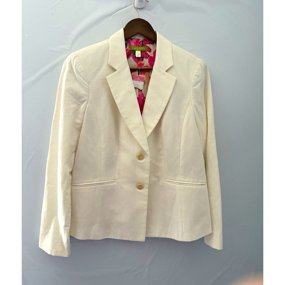 Sigrid Olsen Pergola Beige Blazer Jacket Floral Lined Pockets Button Size 10